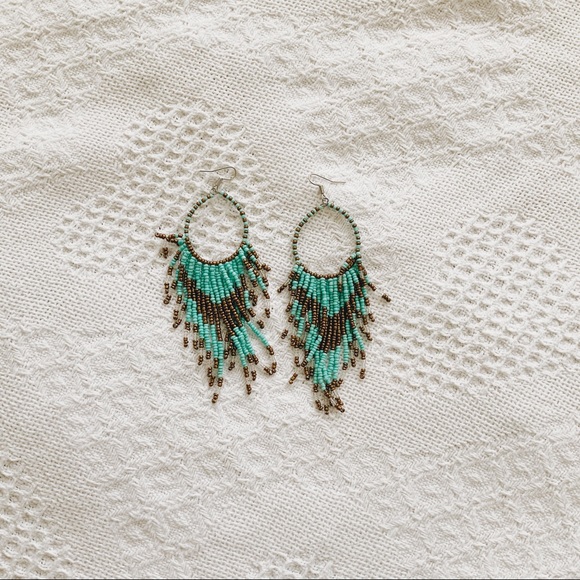 Turquoise and gold colored beaded earrings - Picture 2 of 4